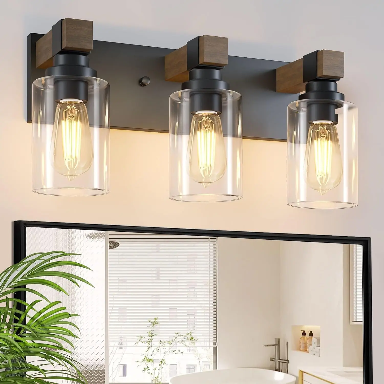 Black and Wood 3-Light Rustic Bathroom Vanity Lights, 60 Watts CFL Vintage Wall Sconces with Glass Shade for Over Mirror, Country-Style Decor & Applying Makeup