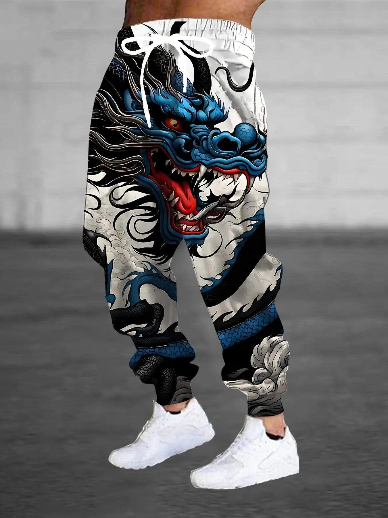 Fashionable Design Men'S 3D Chinese Dragon Print Joggers With Drawstring And Pockets, Trendy Long Pants