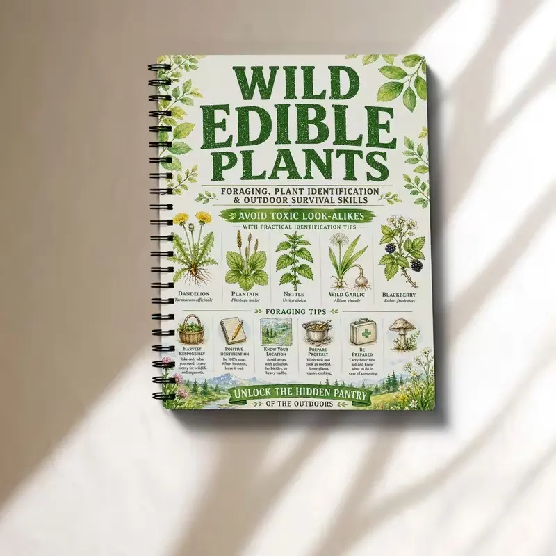 Wild Edible Plants Survival Notebook, Vintage Hand-Drawn Greenery, Plant Identification Journal, Perfect for Camping and Hiking