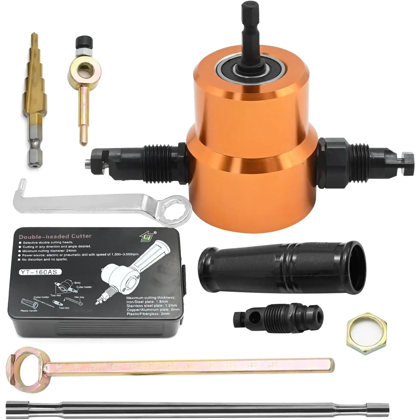 360 Degree Head Sheet Nibbler, with and Die, Cutting Hole Accessory and Step Bit, for Straight Curve and Circle Cutting