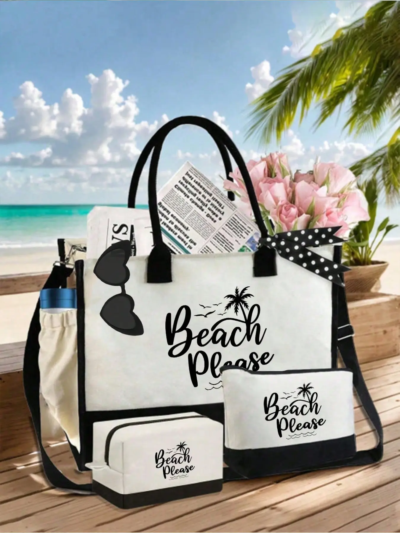Women Beach Tote Bag Set, Tropical Summer Print with Beach Letter & Starfish, Large Reusable Beach Shopping Bag, Perfect Gift for Women Mom Teacher Bridesmaid Student, for Mother’s Day Birthday Back‑to‑School Spring Summer Holiday Wedding