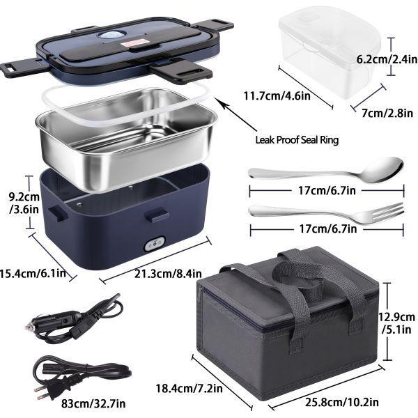 Nifogo Black Friday Electric Lunch Box Portable Food Heater for Adults 110V/12V/24V 1.8L 304 Stainless Steel with Fork Spoon & Bag Tableware Classic Black