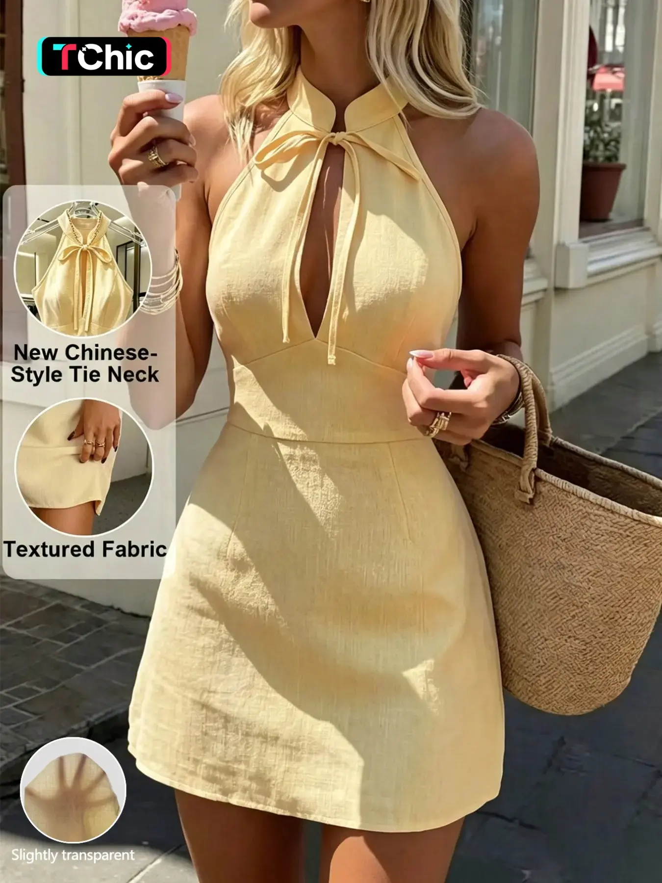 Women's Solid Color Elegant Chic Sexy Sleeveless Mini Dress, Slim Waist, Stand Collar with Drawstring Design, Suitable for Everyday Wear, Dates, Outings and Cocktail Parties