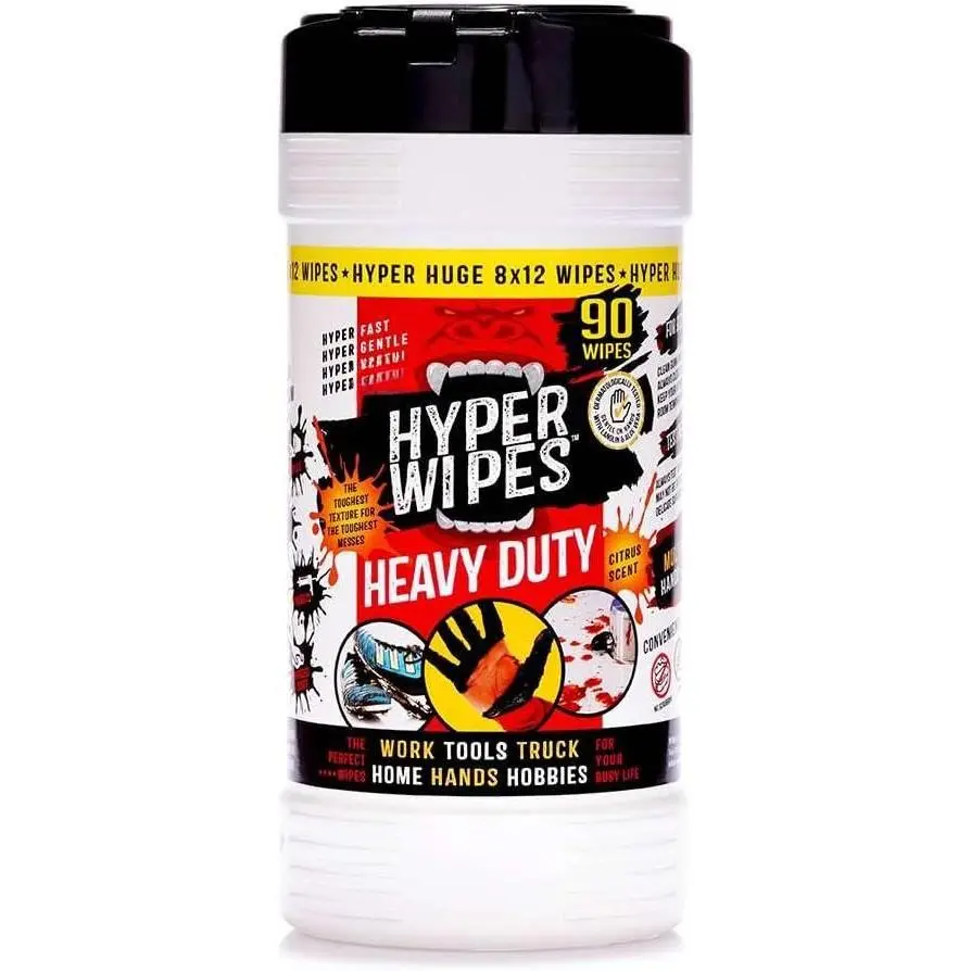 Hyper Wipes, 1 Pack Heavy Duty Hand & Tool ing Wipes, 8"x12" Multi-Surface ing Wipes, Degreasing,  Purpose er, Mechanic, Work Wipes, 90 Count Canister