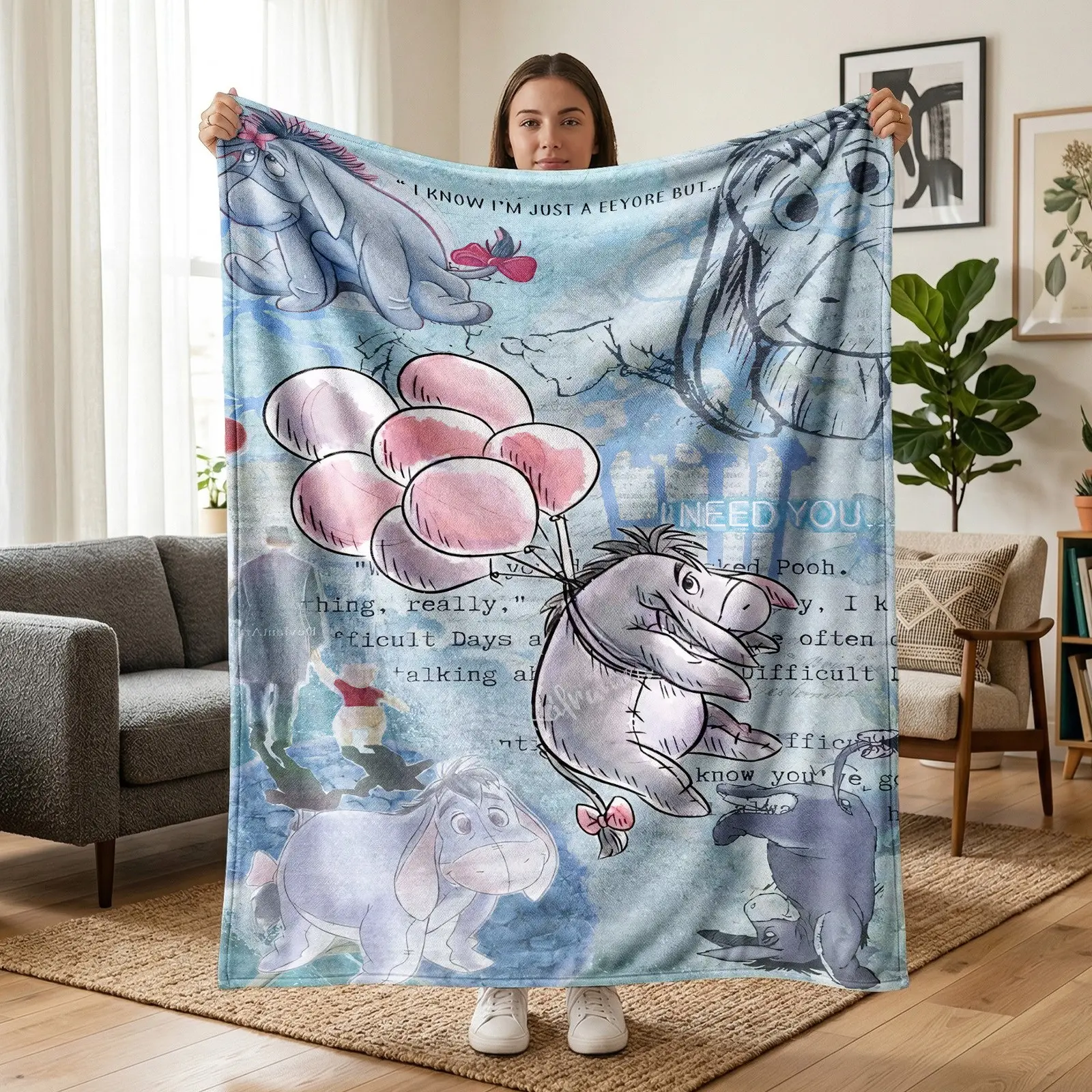 Winnie the Pooh Eeyore Cartoon Flannel Blanket, Soft Warm Cozy Nap Blanket, Multi-Use for Sofa Bed Office Camping, Perfect Christmas Gift