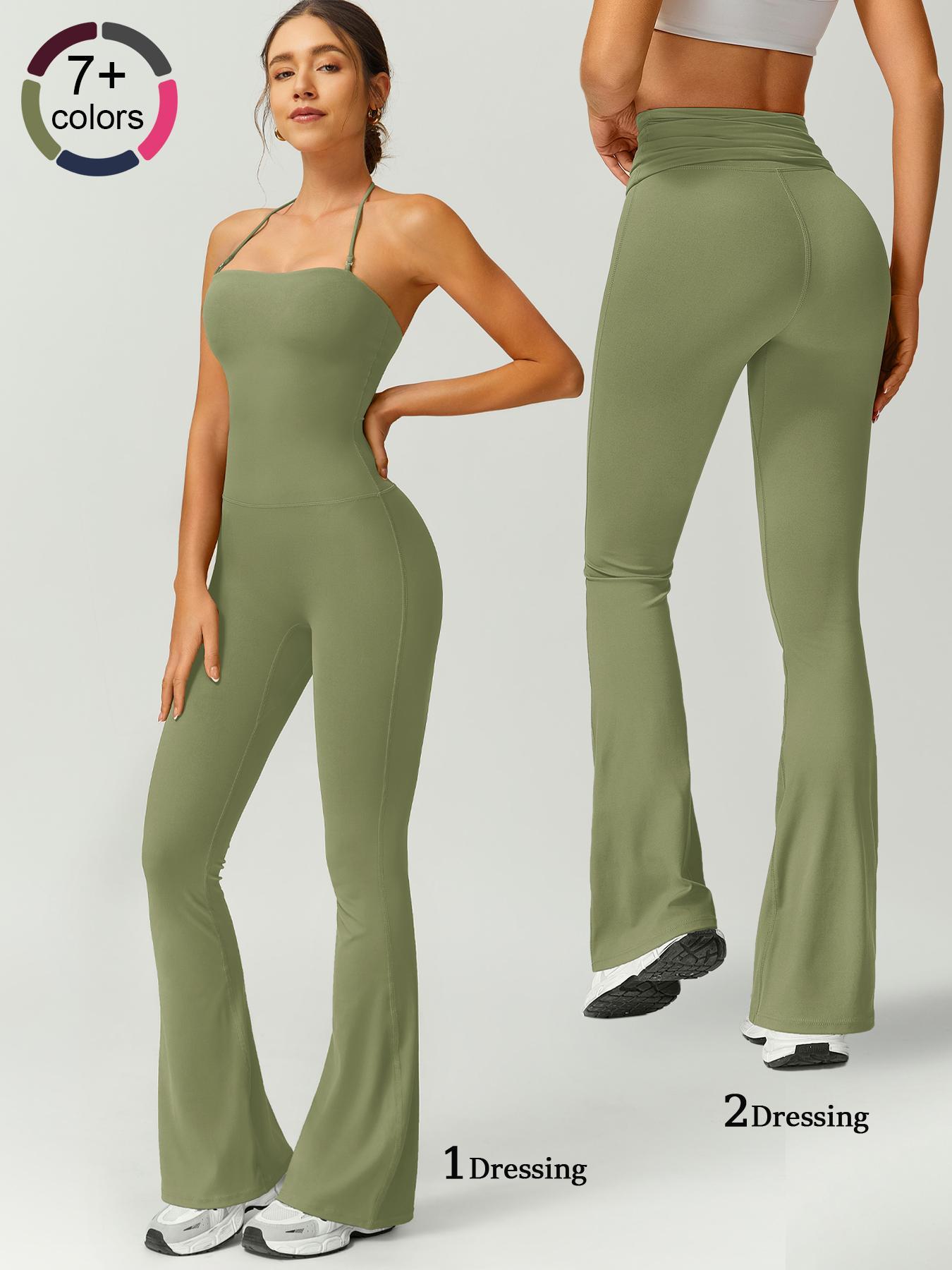 Women's Solid Color Flare Leg Sports Jumpsuit, Casual Comfy Breathable Jumpsuit for Yoga Gym Workout, Ladies Sportswear for Summer, Sportswear Jumpsuits