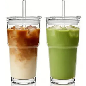 Glass Tumbler with Lid and Straws, Resuable Ice Coffee Cups, To Go Drinking Glasses  Water, Smoothie, Matcha, Iced Tea Fruit Juice, Hot and Cold Beverages, Clear, 20oz, Set of 2
