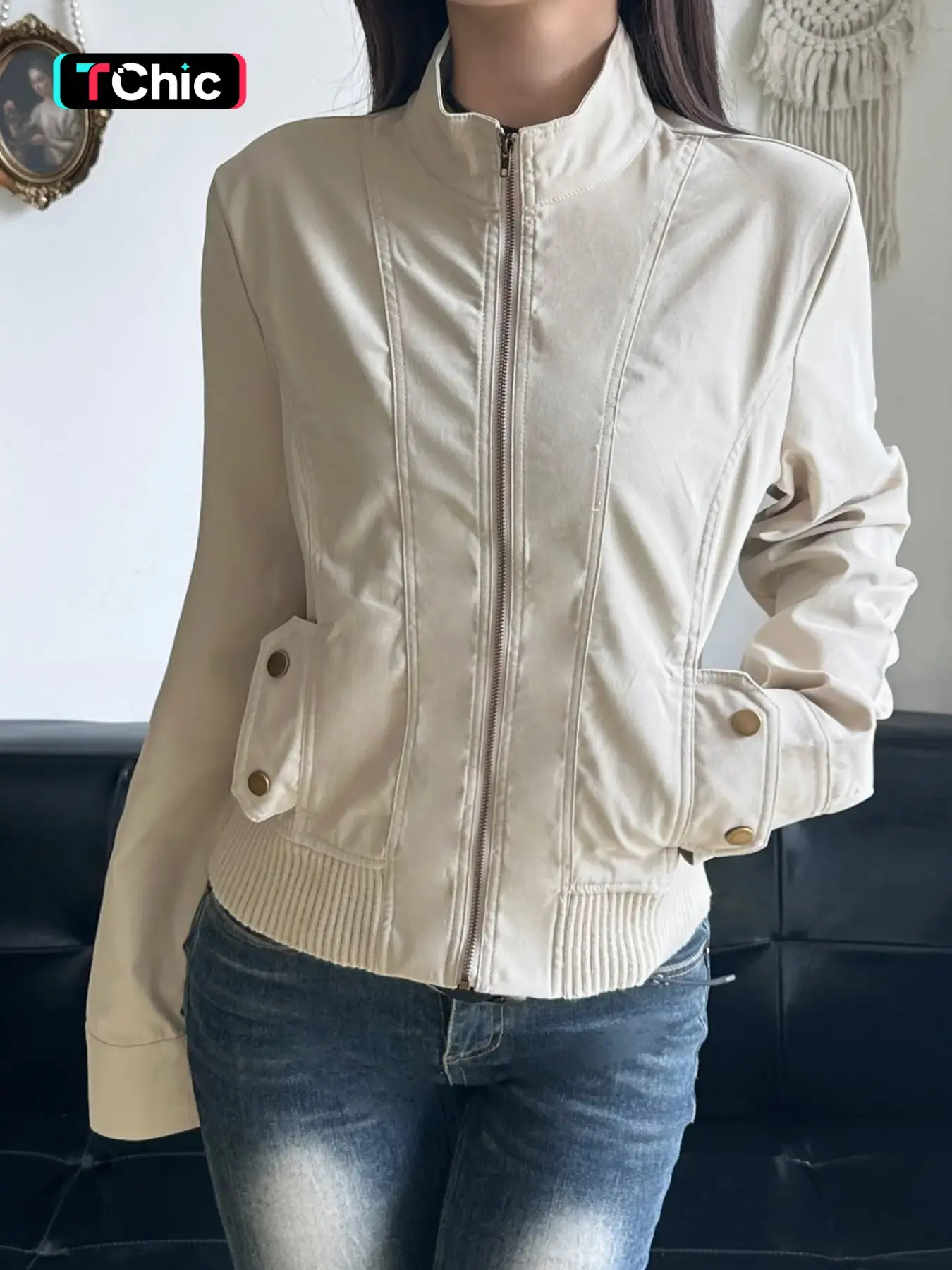 Street Style Half High Neck Workwear Plain Fall Winter New Women's Knitted Jacket Pocket Button Fashion Zipper Outerwear