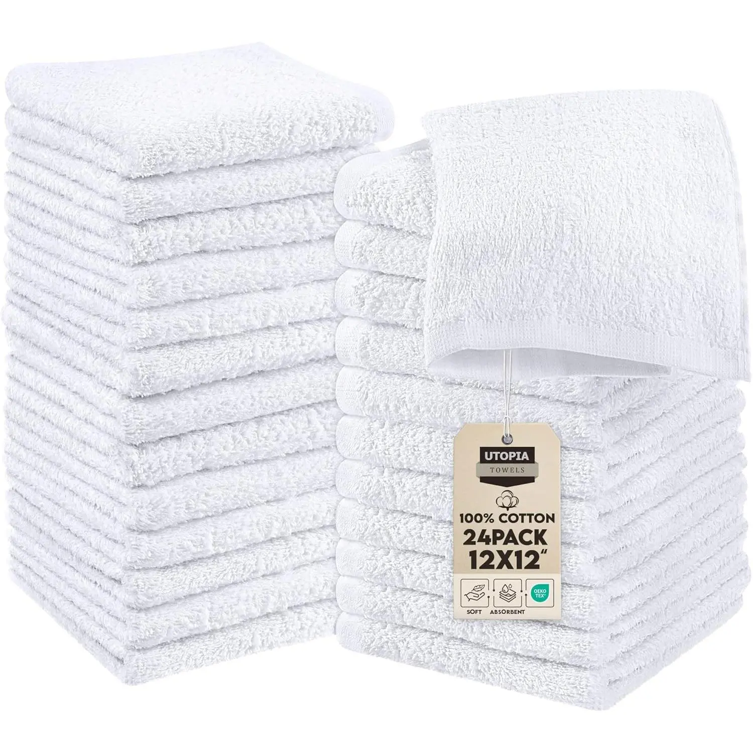 24-Pack 100% Ring Spun Cotton Washcloths Set, Premium Soft Flannel Fingertip Towels, Highly Absorbent White Makeup Remover Cloths for Beauty & Personal Care