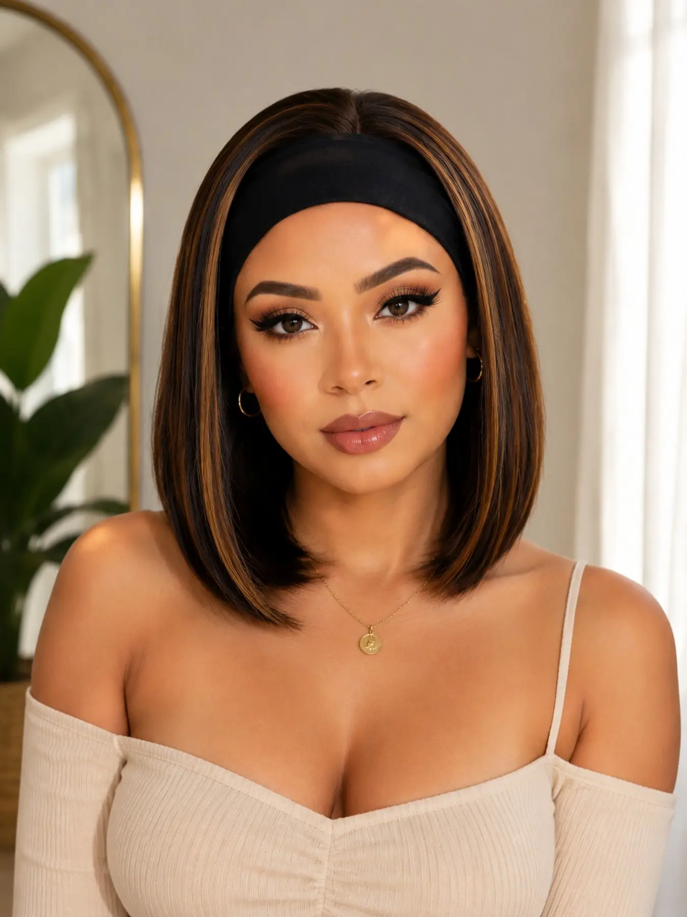 Highlight Short Bob Headband Wig, Straight Synthetic Hair, Glueless Wig, Natural Look, Daily Wear, Easy to Use, Synthetic Smooth Wig