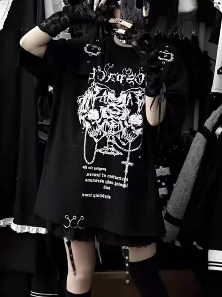 Yabi Hottie Gothic Dark Vintage Tops Subculture Y2k Print Short Sleeves Loose T-shirt Women Black Casual Clothes 2000s Chic Tees