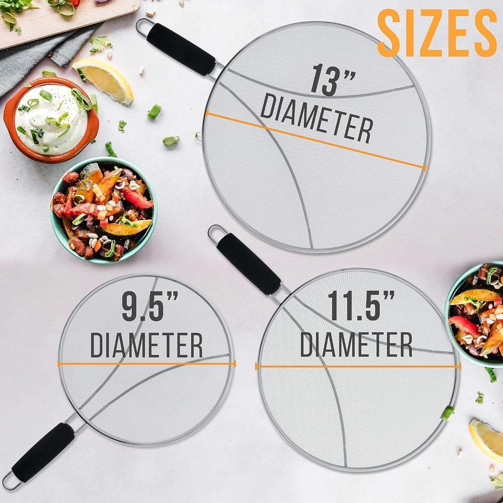 Kitchen supply 3-piece stainless steel splatter guard set (13", 11.5", 9.5") fine mesh cover, grease & oil, splatter screen For Frying pan,Cooking pot with resting feet & comfort grip handles