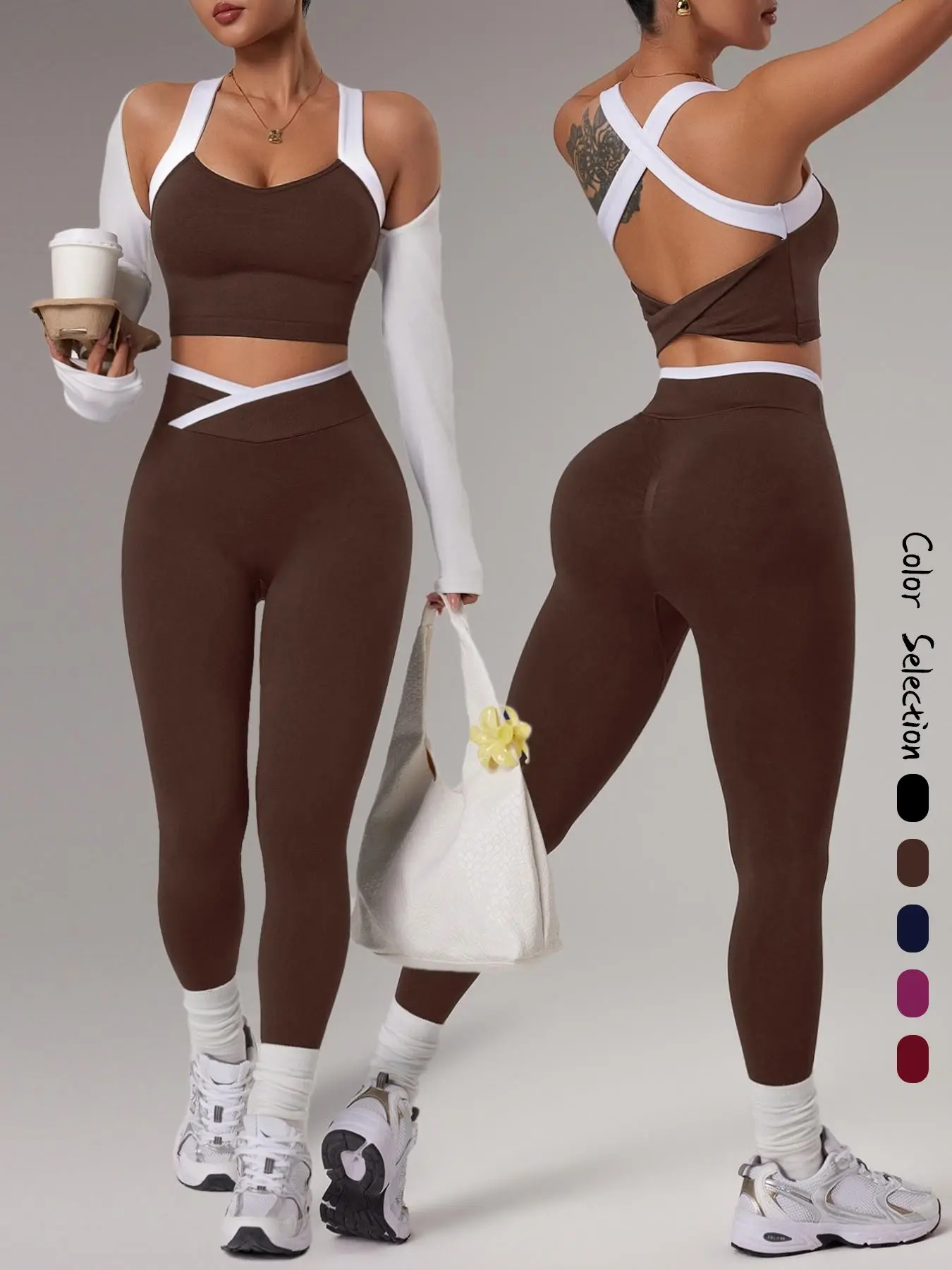 Women's 2-Piece Colorblock Seamless Stretchy Sportswear Set, Yoga Workout Outfit, Fitness Clothing for Outdoor Indoor Activities, Running Hiking Walking Pilates, Suitable for All Seasons
