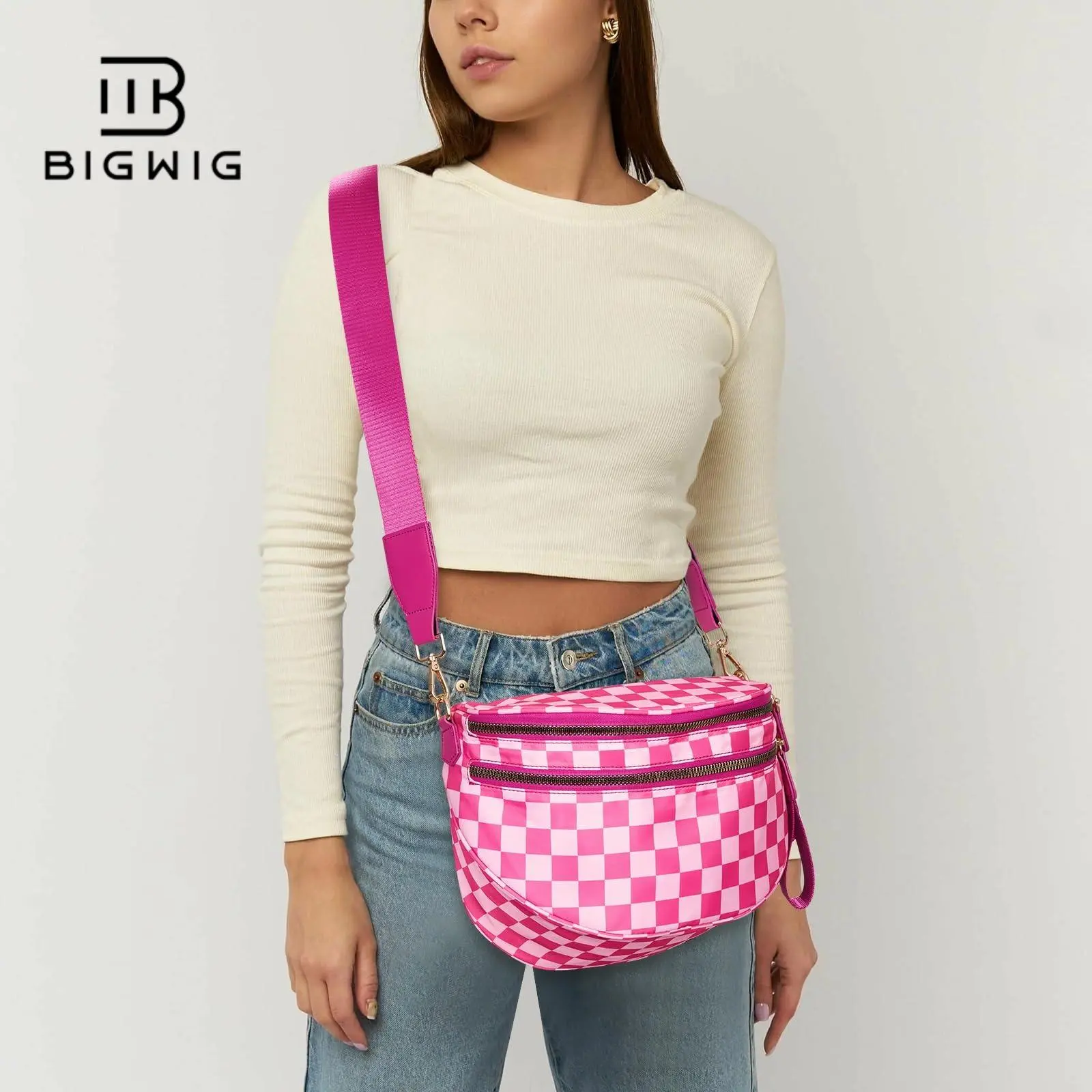 BIGWIG Women's Black and White Check Nylon Checkered Bum Bag - Large-Size Friendly - Roomy Design - Holds Essentials - Adjustable Strap - Crossbody Bags for Women, Adjustable Waistband Bag