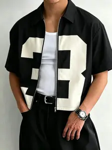 Short Cropped Lapel Short Sleeve Zipper Shirt, Clean Fit Streetwear, Loose Classic Collar, American Street Style, Y2K Mix, High Street Fashion
