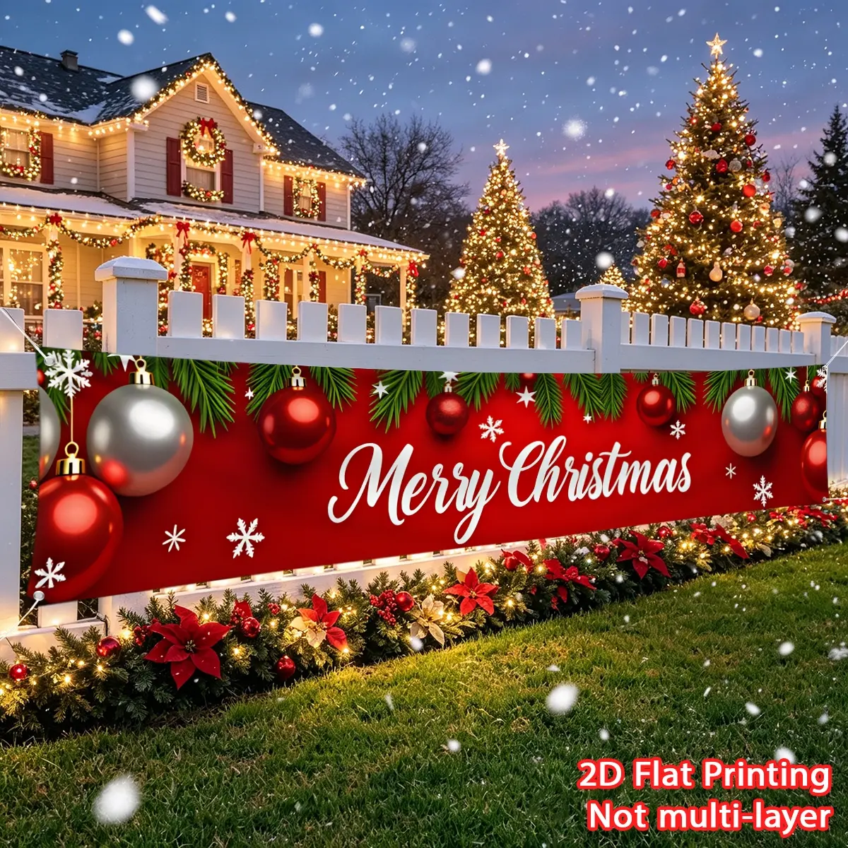 1pc Christmas banner with red background and colorful balls, party banner, fence banner, polyester material suitable for outdoor railing, porch wall decoration, Party Decorations