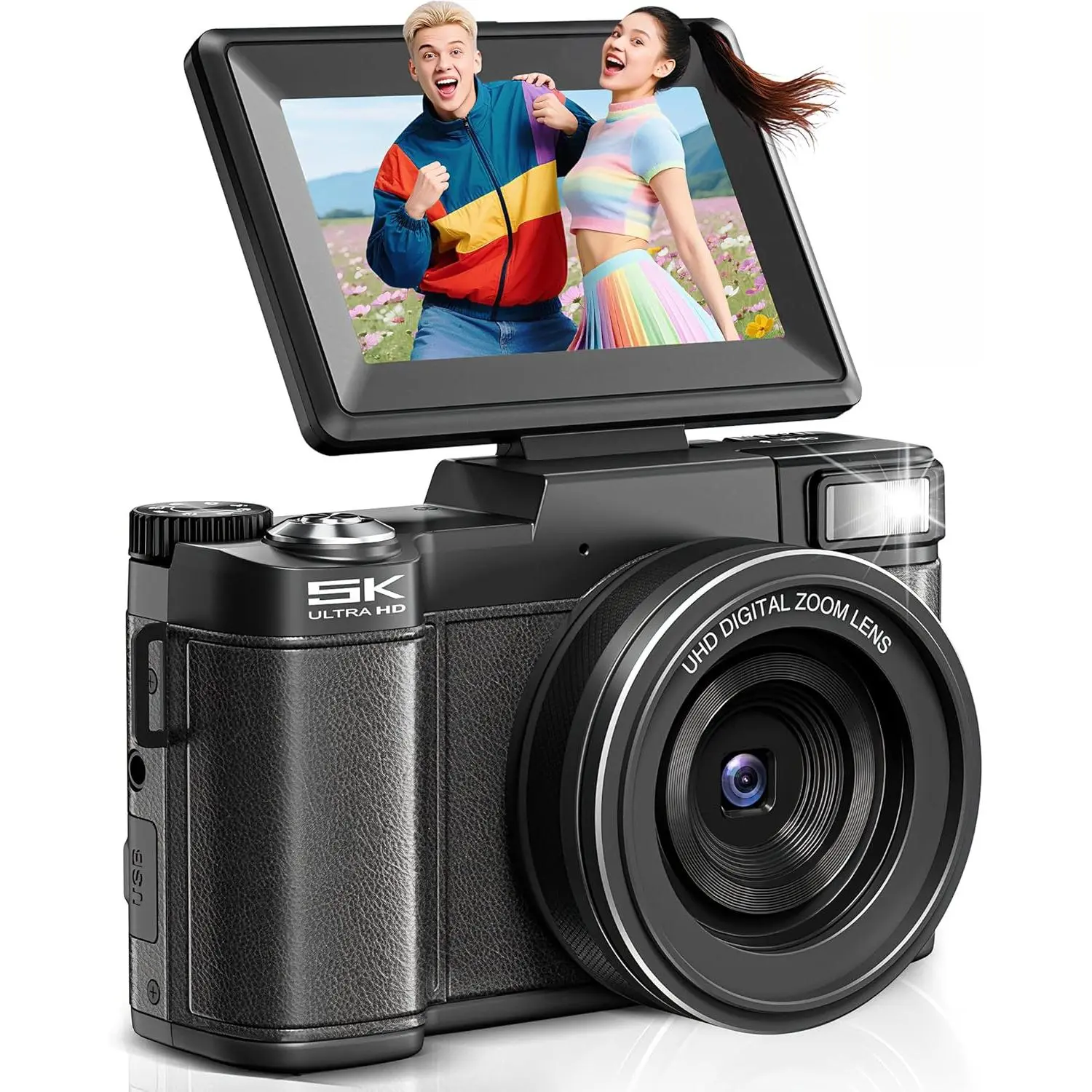 Digital Camera 5K, 64MP Cameras for Photography, YouTube Vlogging, 18X Zoom UHD Autofocus Compact Point and Shoot Flip Screen Camera with 64GB SD Card, 2 , Small Photo Camera for , Teen
