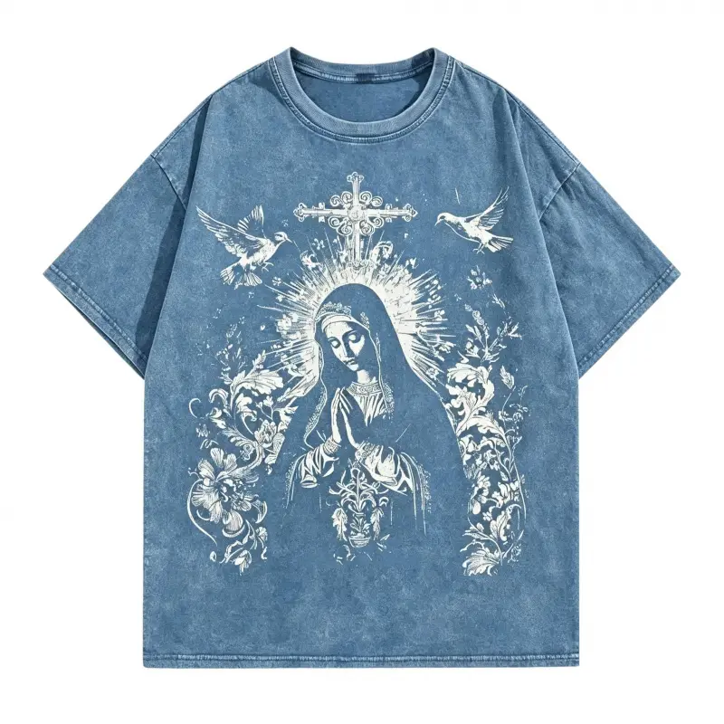 Men's 100% Cotton Oversized Baggy Short-Sleeve Round Neck Distressed Virgin Mary Graphic Tee - Washed Vintage Dyed Batik Mens Clothing, Casual Streetwear Clothing, Shirt, BF Birthday Gifts for Boyfriends, Good Graphic Tees, Graphic Shirts