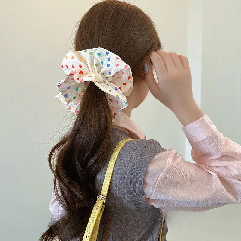 Cute large heart-print hair scrunchie; soft Korean-style satin hair tie; colorful ruffled ponytail accessory; suitable for women and girls for school and travel.
