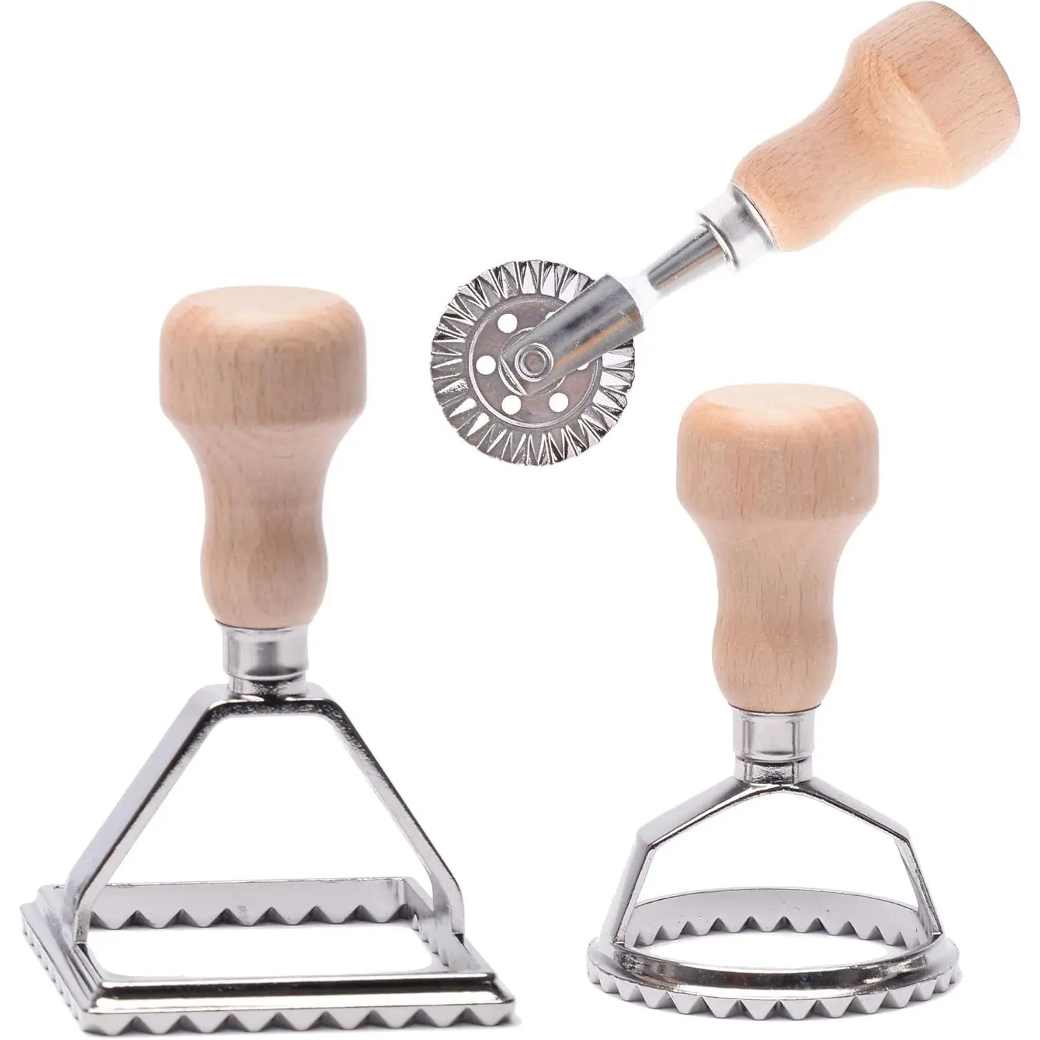 Ravioli Stamp Maker Cutter with Roller Wheel Set, Mold with Wooden Handle and Fluted Edge, Pasta Press Kitchen Attachment (MF-146)