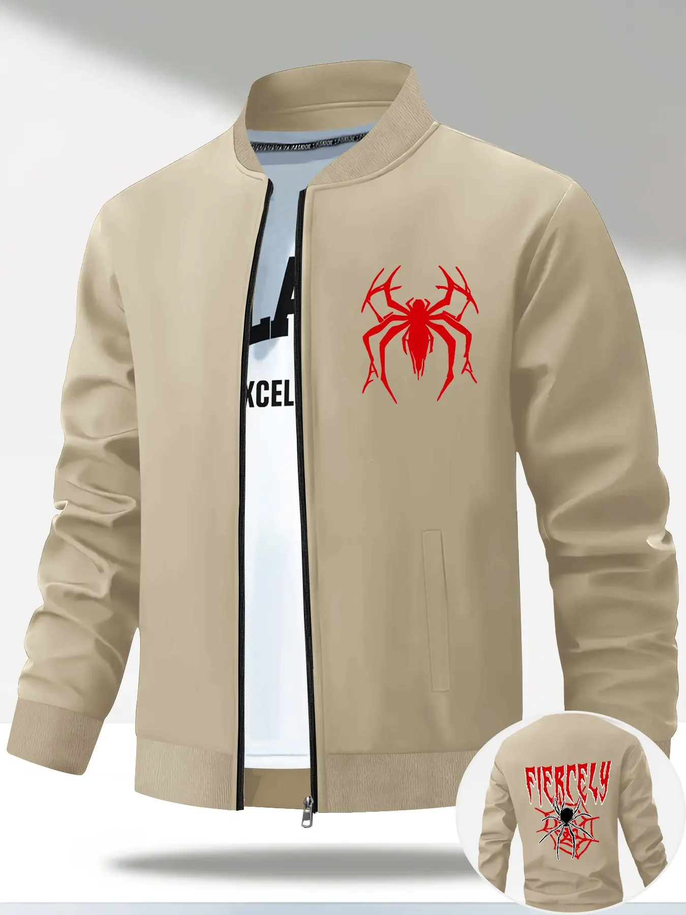 Baseball Stand Collar Zipper Jacket, Spider Pattern Print, Artistic Font & Spider Design, Dark Trendy Street Style Outerwear