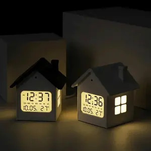 Time/Date/Week/Temperature Electronic Alarm Clock LCD Display ABS House Shape Digital Alarm Clock Soft Lighting 12/24 Hours