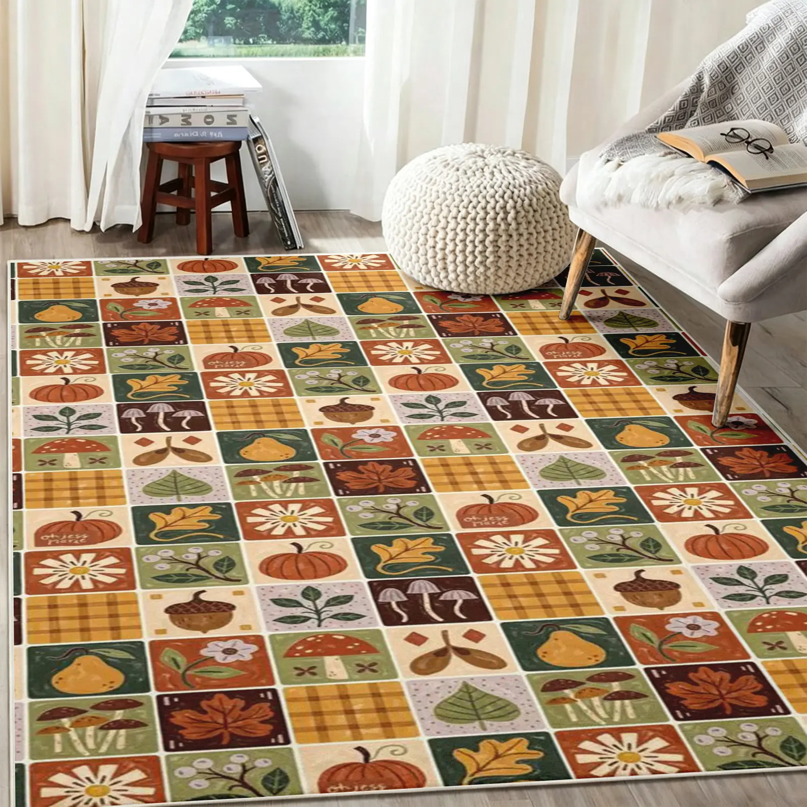 Cottagecore Fall Harvest Patchwork Area Rug, Cozy Pumpkin Mushroom Acorn Leaf Grid Print, Soft Plush Fluffy Non-Slip TPR Washable Carpet, Living Dining Bedroom Deocr, Halloween Christmas New Year Housewarming Holiday Gift (Various Sizes)