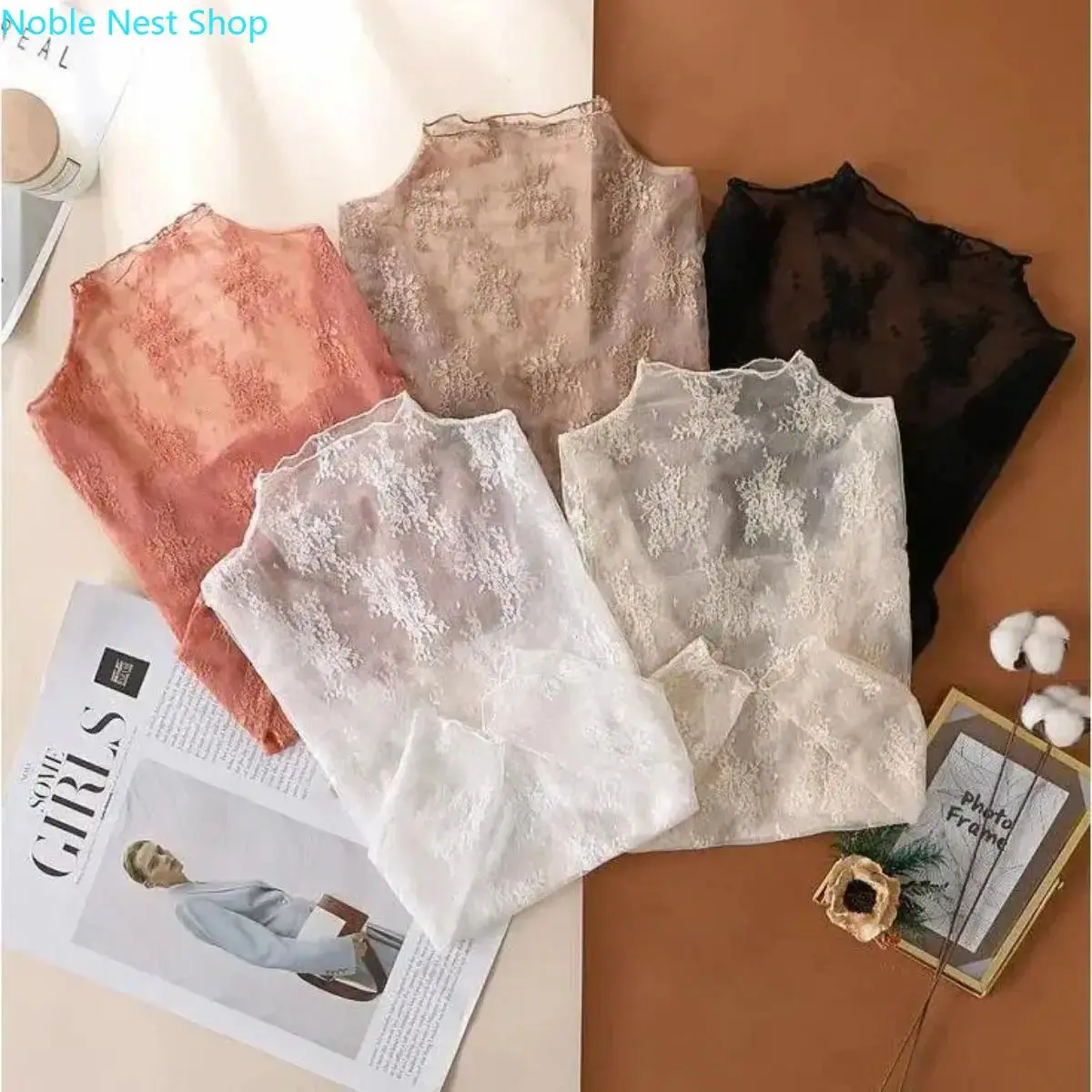 Women's Sheer Floral Print Lace Tops with Full Sleeves, Elegant Mock Neck for Daily Party Wear, 3pcs(black+white+coffee), Longsleeves