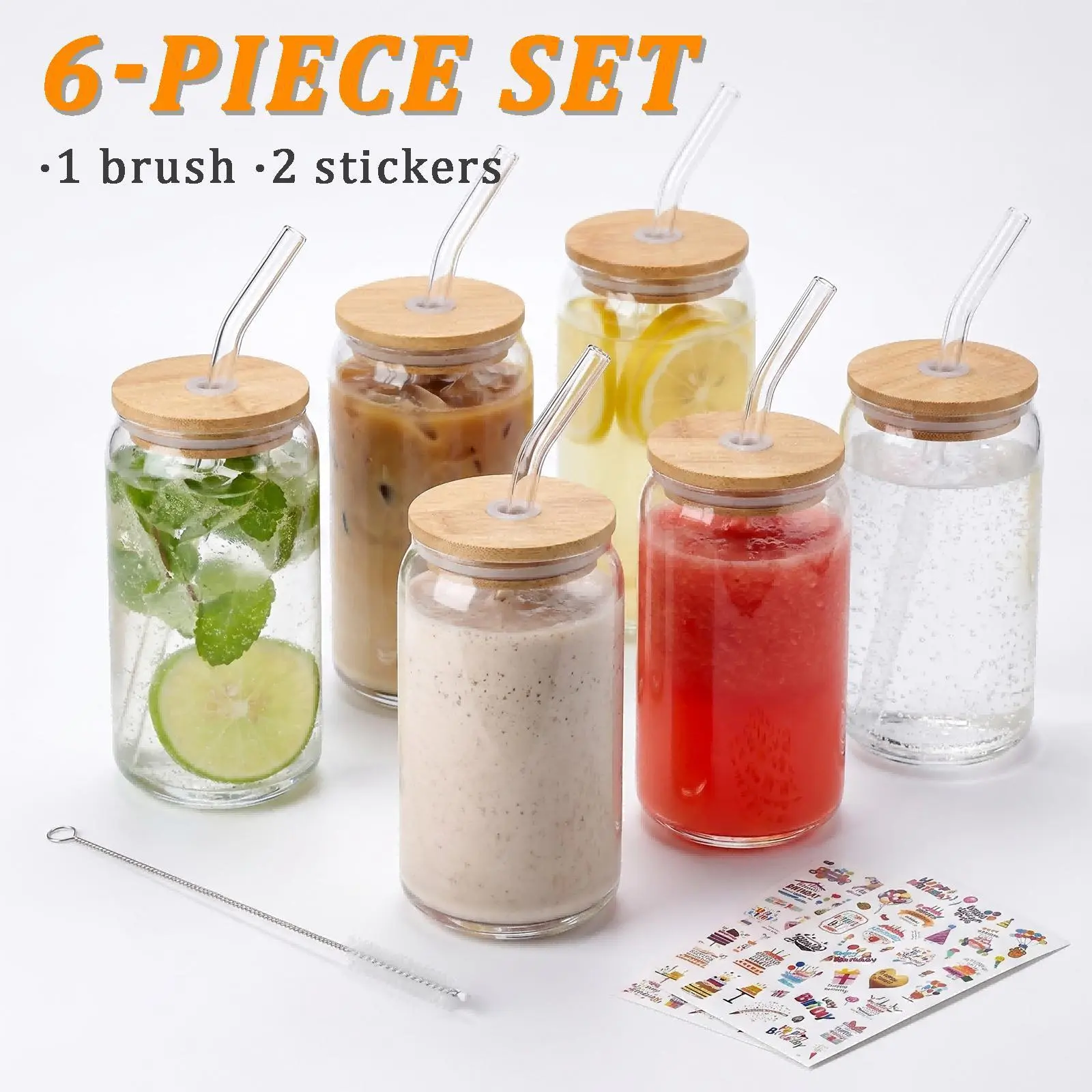 Stylish 4-Pack/6-Pack/8-Pack Round Glass Cups Set, Tumblers with Bamboo Lids & Straws, Cute Ice Coffee Drinkware, for Boba Tea, Comes with 2 Cleaning Brushes