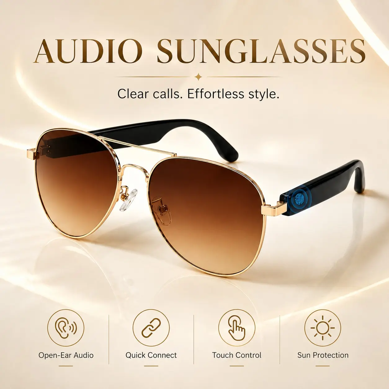 Smart Glasses, Wireless Bluetooth Sunglasses with Open-Ear Audio, Built in Mic, Touch Control and Voice Assistant for Men Women