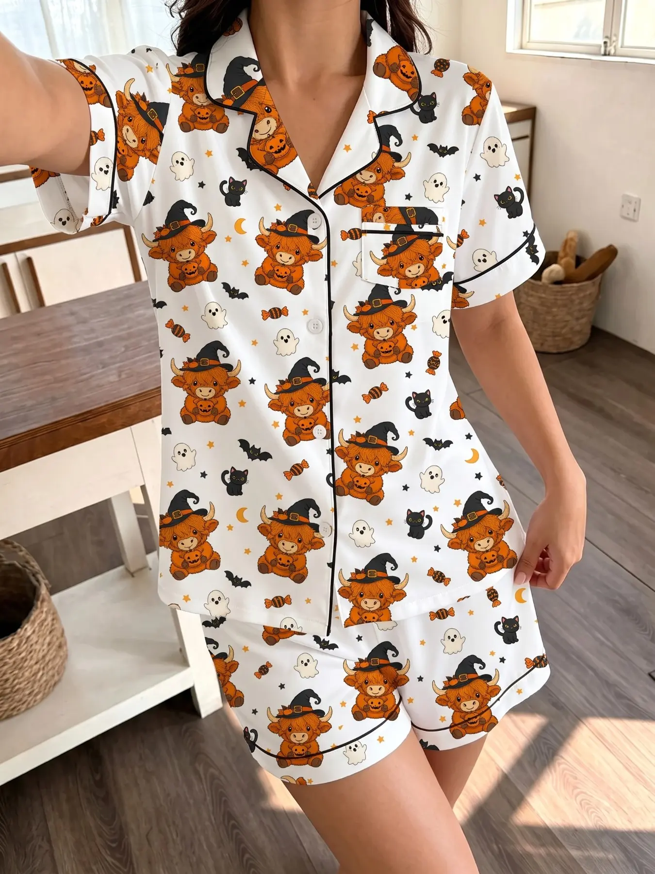 Summer Women's Pajama Set, Short Sleeve Button-Up Top & Loose Shorts, Halloween Highland Cow Print, Nightwear & Casual Wear