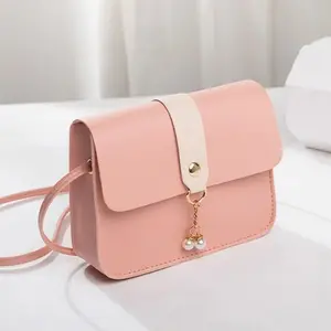 Color Block Mini Faux Leather Crossbody Purse with Pearl Pendant, Lightweight Small Shoulder Handbag for Women Daily Travel