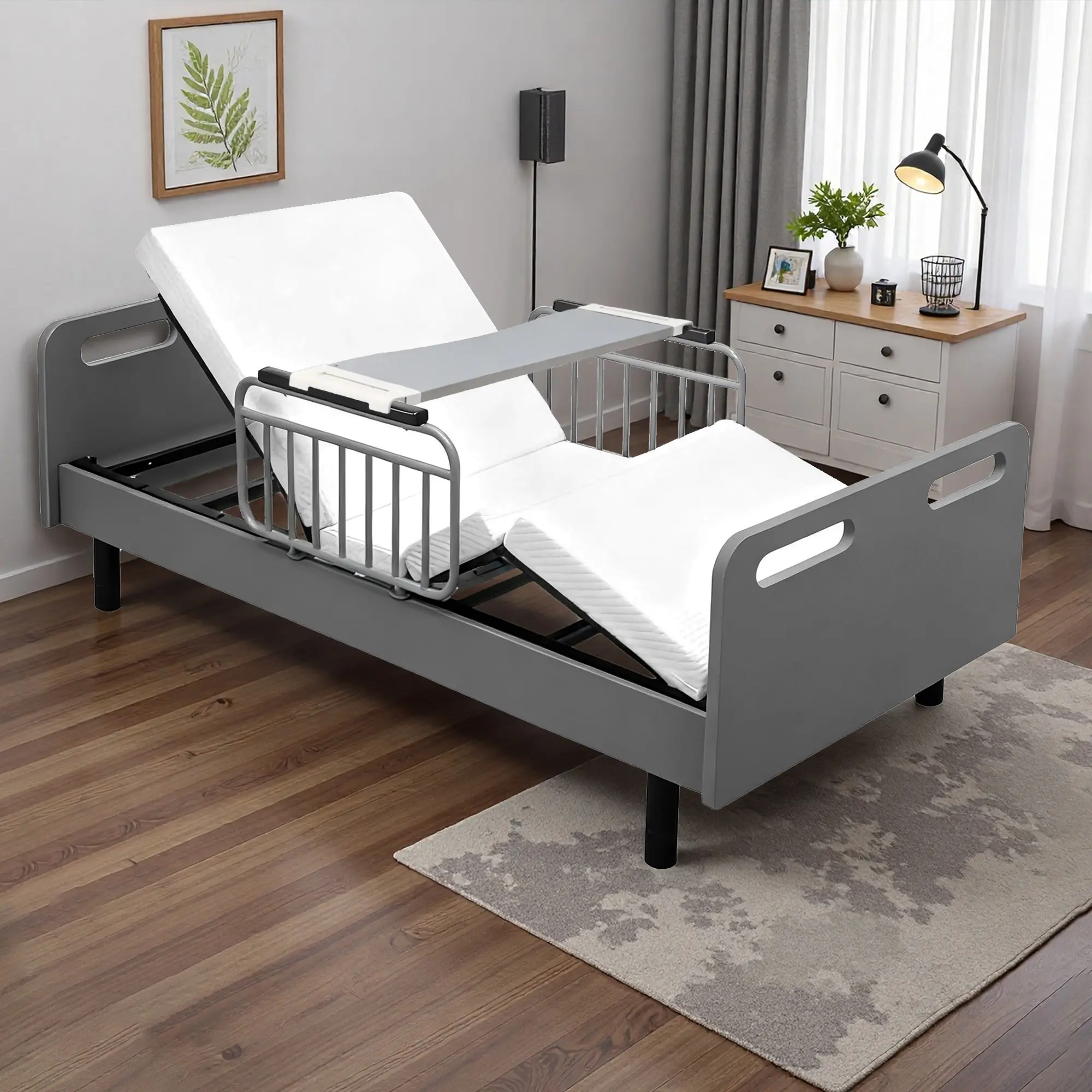 Nokaa Electric Adjustable Hospital Bed for Home Use with Memory Foam Mattress, Safety Side Rails, Detachable Overbed Table, Wired Remote, Quiet OKIN Motor, Carbon Steel Frame, MDF Panels, Gray/White Color Options, Elderly Care