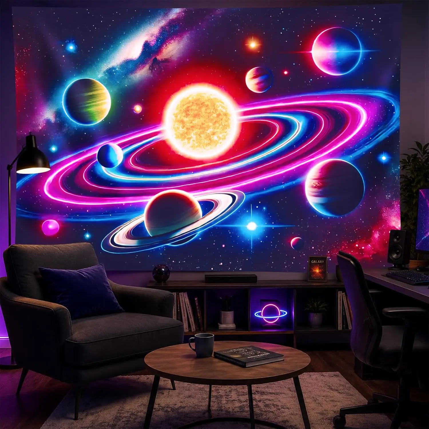 BlissYard 1-Piece Blacklight Glow-in-the-Dark Galaxy Tapestry, 78x59 inch Vintage Space Decor, Neon Planet Solar System Backdrop for Bedroom Wall Hanging, Party Decor for Dorm Sci-Fi Star Art
