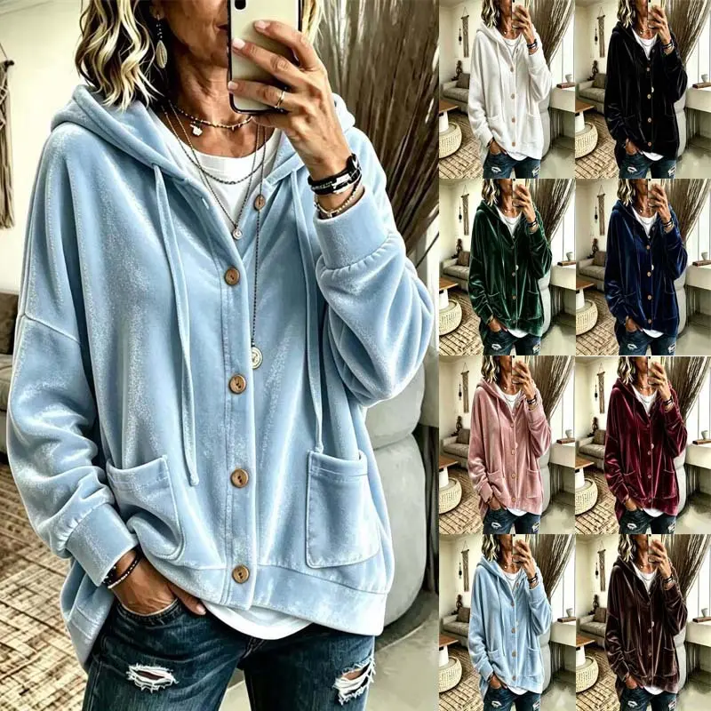 Women’s Solid Velvet-Look Hooded Cardigan - Coordinate-Friendly Longsleeves Button-Front Jacket with Pockets for Fall, Winter Casual Daily Wear, Basic