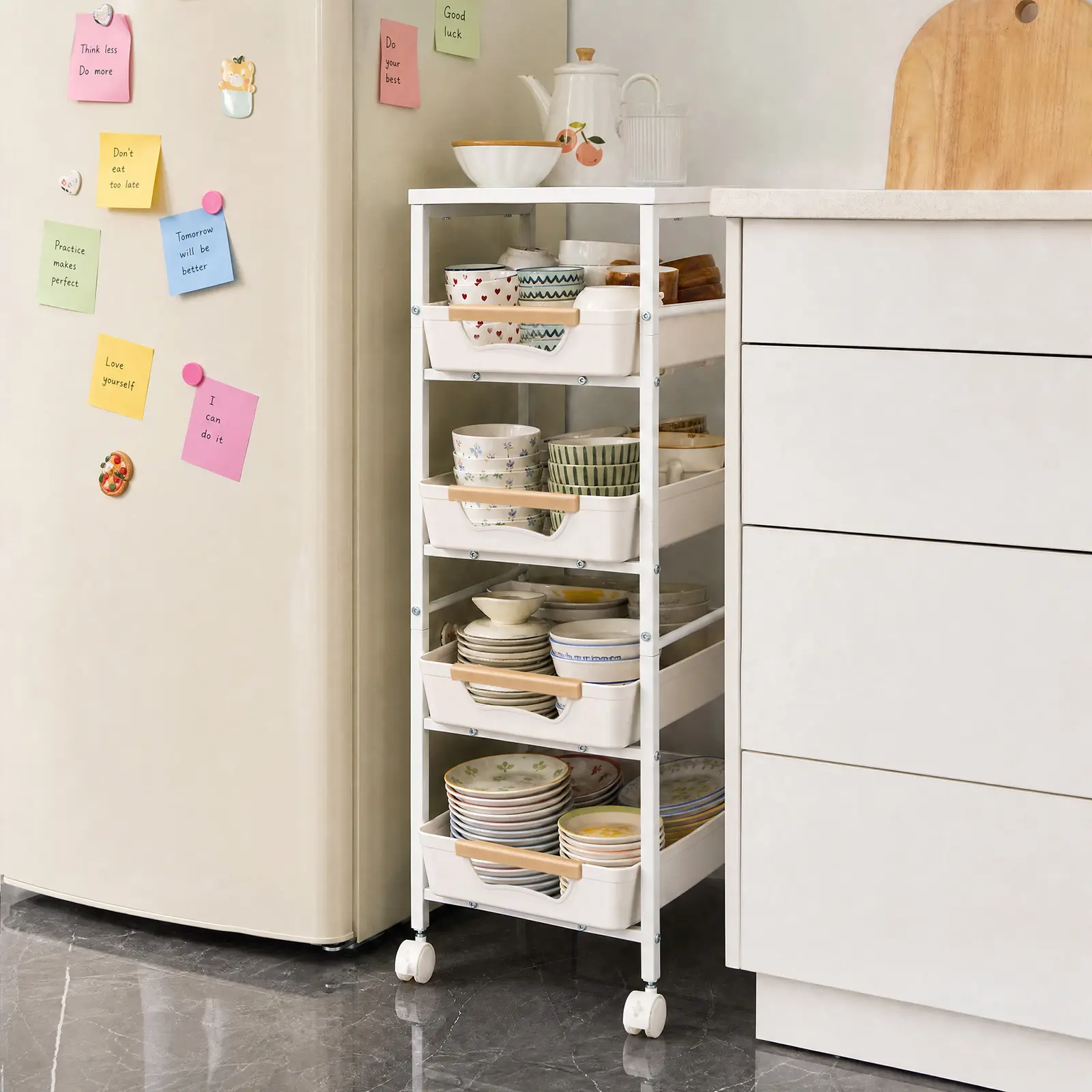 Garvee Slim 5-Tier Steel Rolling Storage Cart with Wooden Top - Single Unit Utility Rack with Pull-Out Baskets, Rolling Wheels - Versatile for Kitchen, Plant Display - 20.5cm Wide (MH-2530)