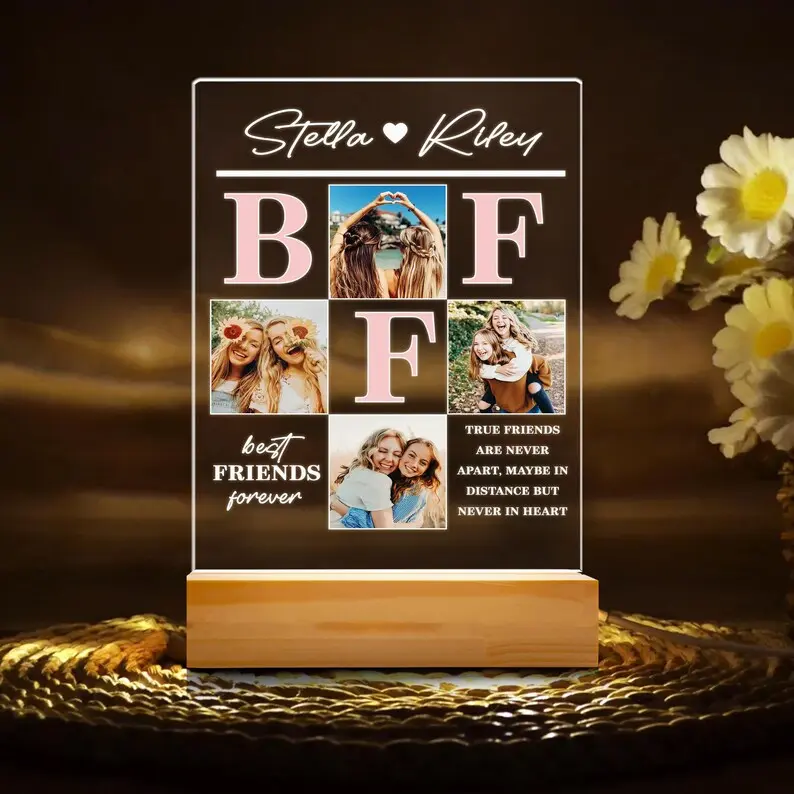 Personalized Best Friend Photo Collage LED Lamp| Custom BFF Friendship Gift| Acrylic Night Light Plaque| Best Friends Forever, Customizable BFF Photo Collage Night Light – 9-Grid Frame for Besties (Birthday/Graduation/Memories Gift for Her)