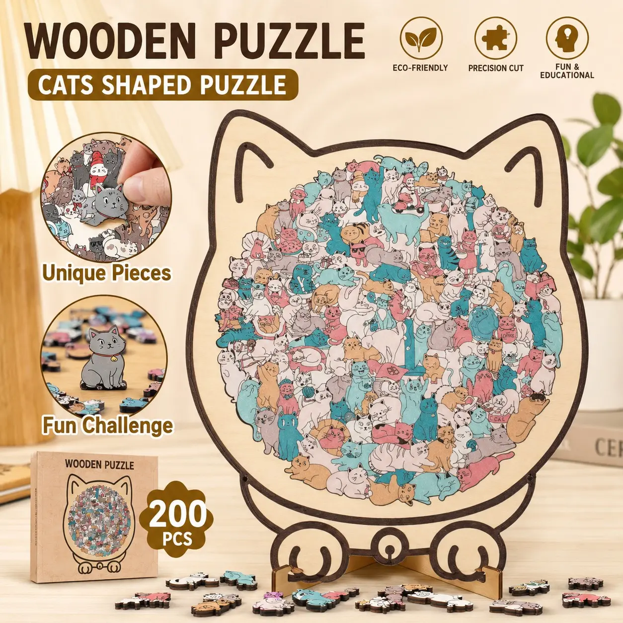 Colorful Wooden Cat Puzzle, Unique Animal Shape Jigsaw Puzzle For Home Decor, Fun Educational Toys For Kids & Adults, Wood Puzzles