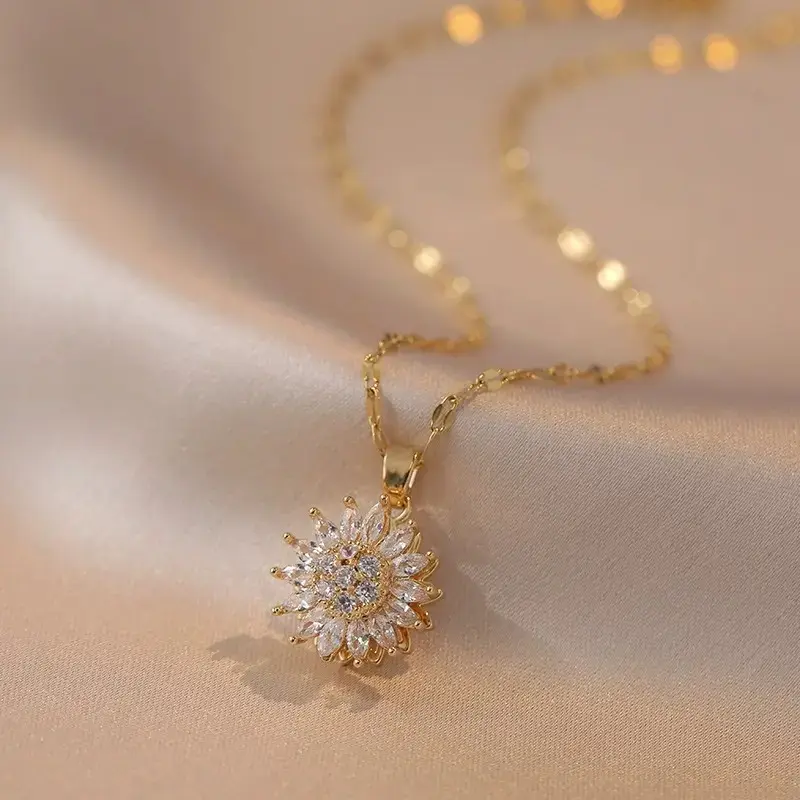Spinning Sunflower Pendant Necklace, Feminine Crystal Fidget Jewelry for Women, Anxiety Relief Accessory and Thoughtful Gift, Casual, Comfortable, Crystal Flower Detail, Daily, Office, Neck Chain, Drop Pendant Necklace, Fashion Pendants, Stress Relief