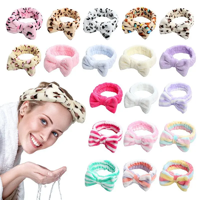 Leopard Print Solid Bow Fluffy Spa Headband Stretch Coral Fleece Hair Wrap For Women Face Washing Makeup, Stretch Band, Sleep Hair Protection, Absorb Sweat, Women's Fashion, Accessories For Women