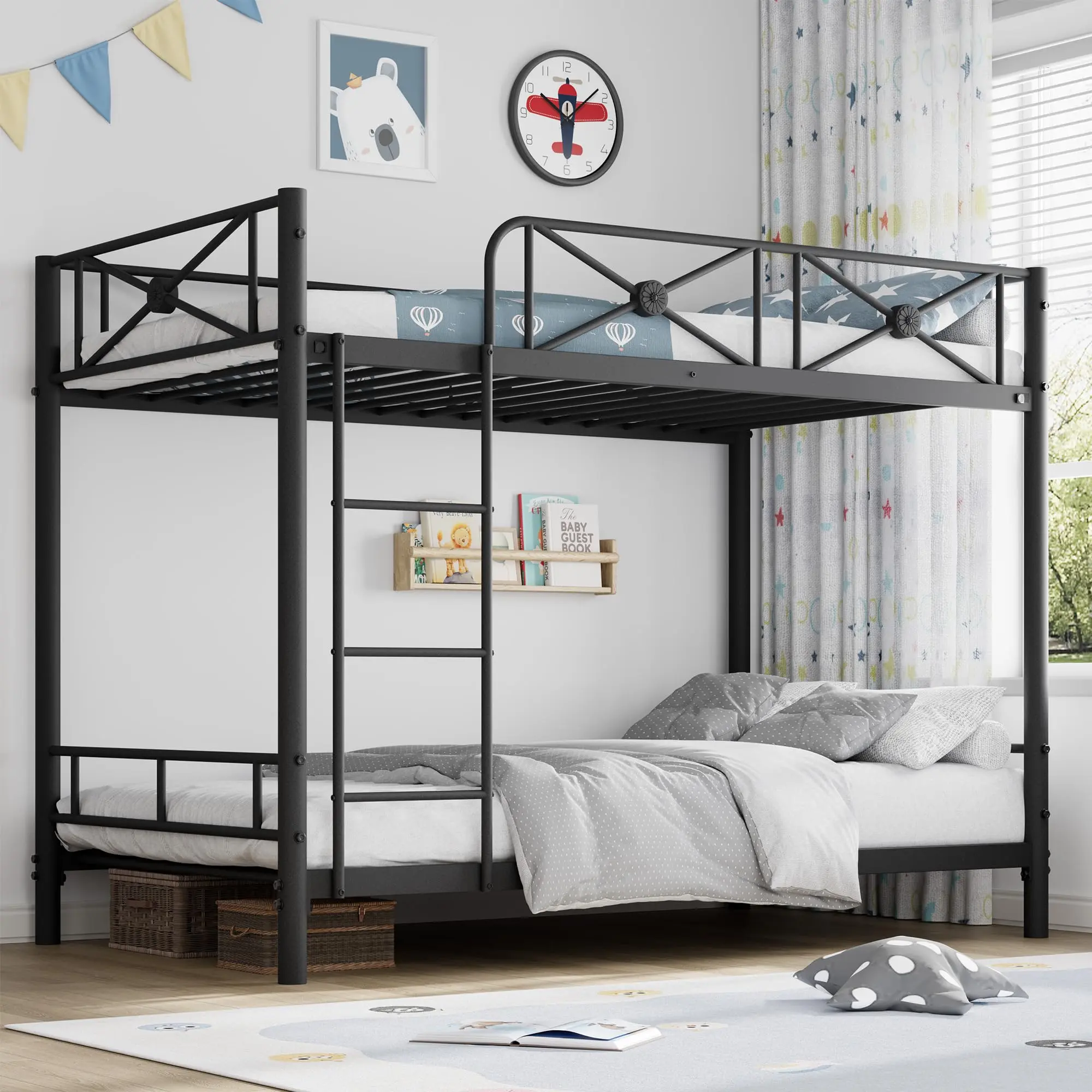 Garvee Metal Bunk Bed Twin over Twin, Industrial Bunkbeds Heavy Duty Bed with Safety Guard Rails and Space-Saving Design, Steel Bed for School, Bedroom, Black