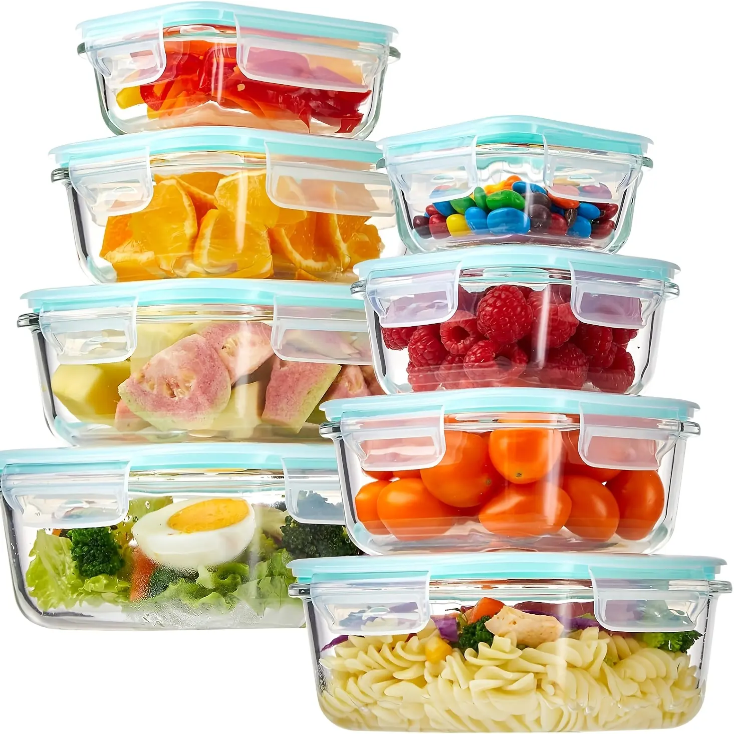 16-piece glass food storage container set, including 8 glass bowls and 8 sealing lids. Leak-proof and sealed. Suitable for pre-preparation before meals, microwave use, dishwasher cleaning, reusable. Suitable for leftovers, snacks, and kitchen storage.