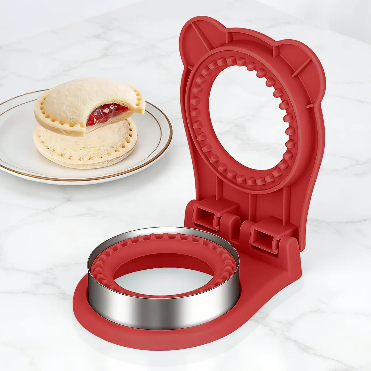 Circle Shape PB&J Prep Kitchen Baking Utensil, Uncrustable Sandwich Maker with Seals & Cuts Function, Red Bakeware Tool
