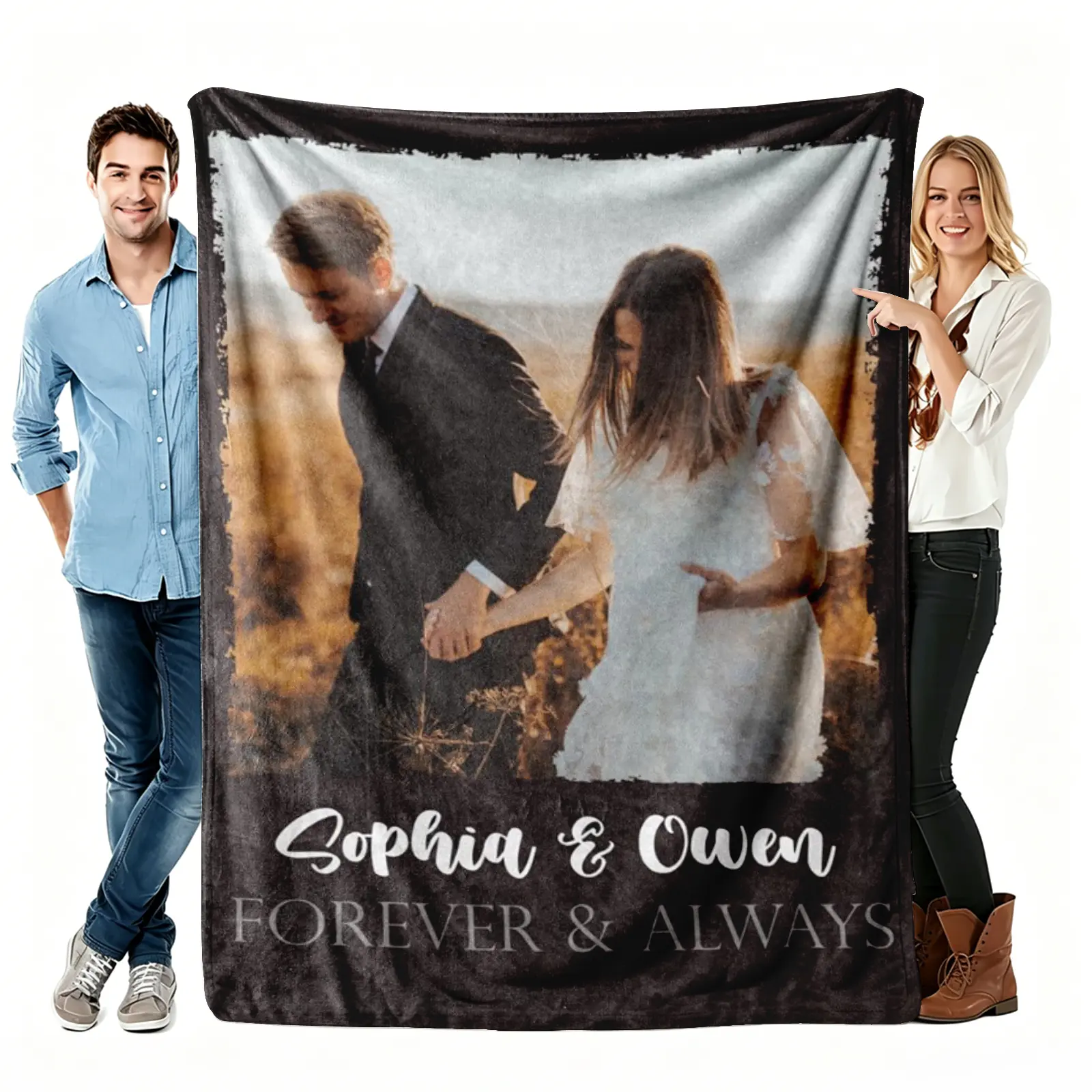 【Summer Sale Deals】Customized Personalized Photo Print Wedding Flannel Blanket - Wrinkle Resistant, All-Seasons Lightweight, Full Size, Custom Names, Air Conditioning Use, Cozy Style, Home Living Room Decor, Anniversary Gift Keepsake, Digital Printing