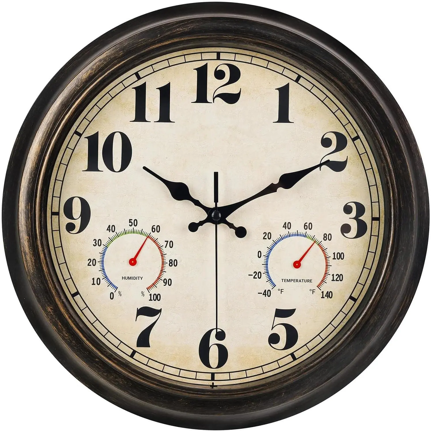 13 Inch Outdoor Wall Clock with Thermometer and Hygrometer, Black Gold, Easy to Read, Non-Ticking Battery Operated Quartz Waterproof, Decorative for Patio, Porch, Pool, BathroomGift
