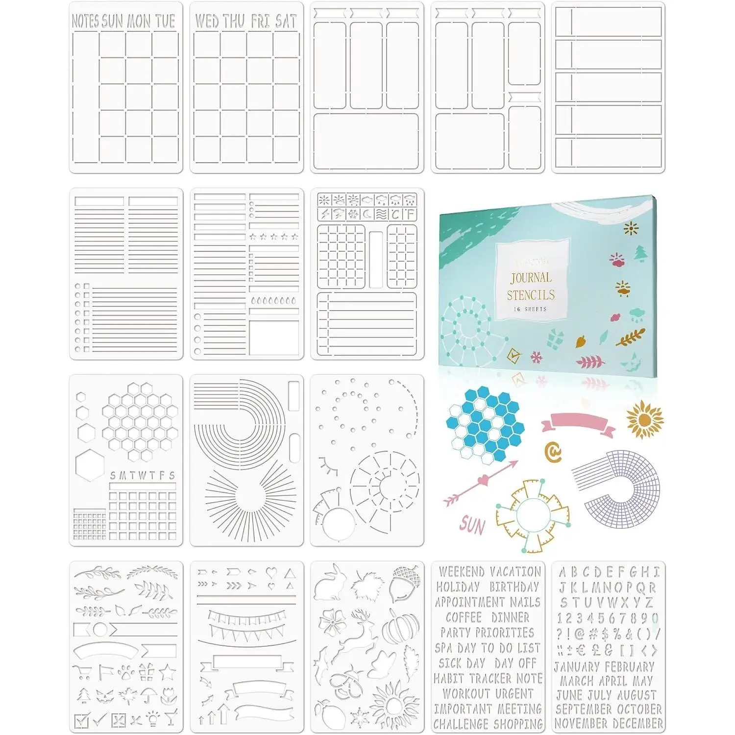 16 count Journal Stencils Set - Time Saving  Journaling Supplies/Accessories Kit - Productivity Planner Stencil for  Journal Stencils A5 Dotted Journals