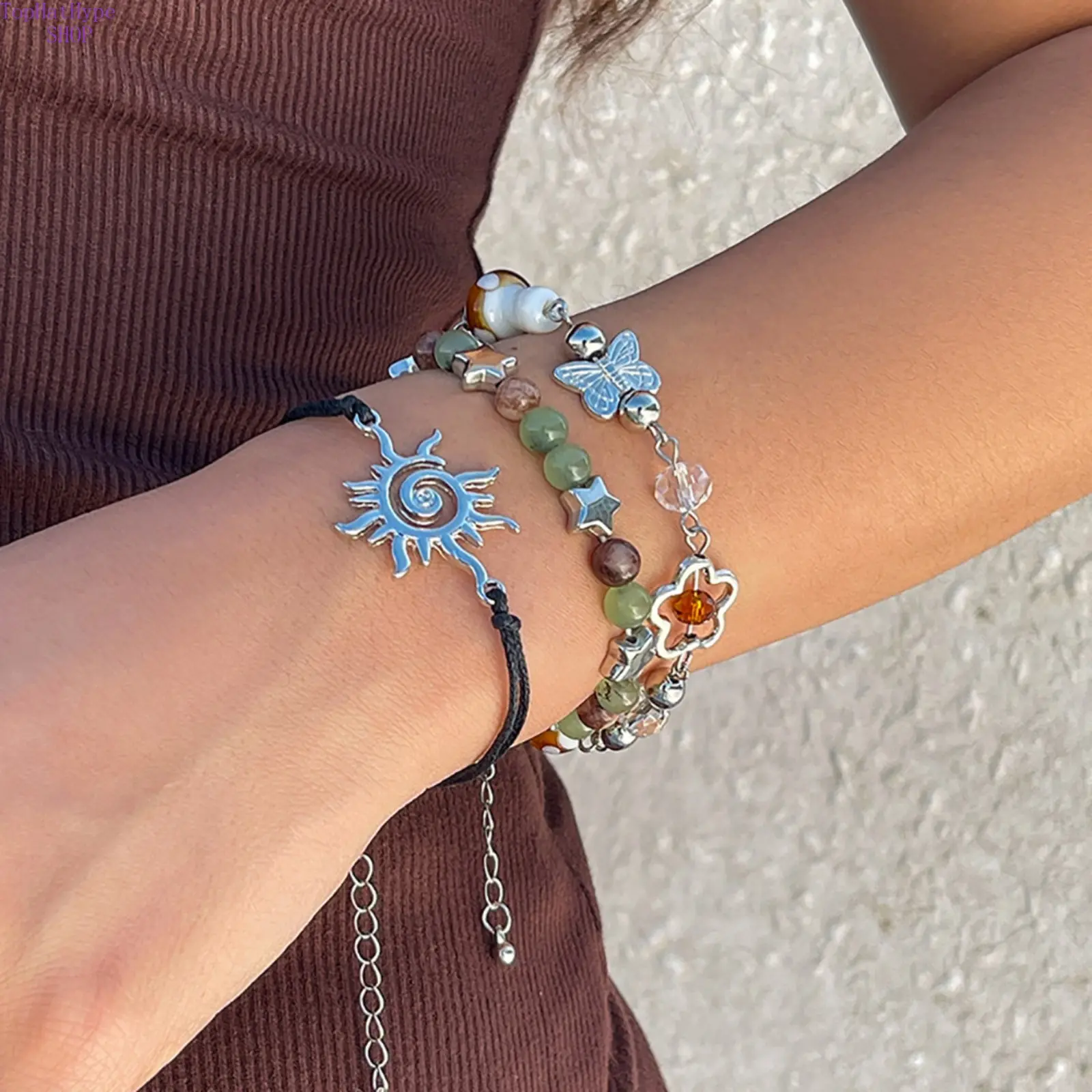 Women's Ethnic Beaded Bracelet Set - Aluminium Stackable Tribal Fashion Accessory Sets with Colorful Sun, Butterfly, Star, Mushroom Designs for Daily & Vacation Female Wear, Stackable Sets