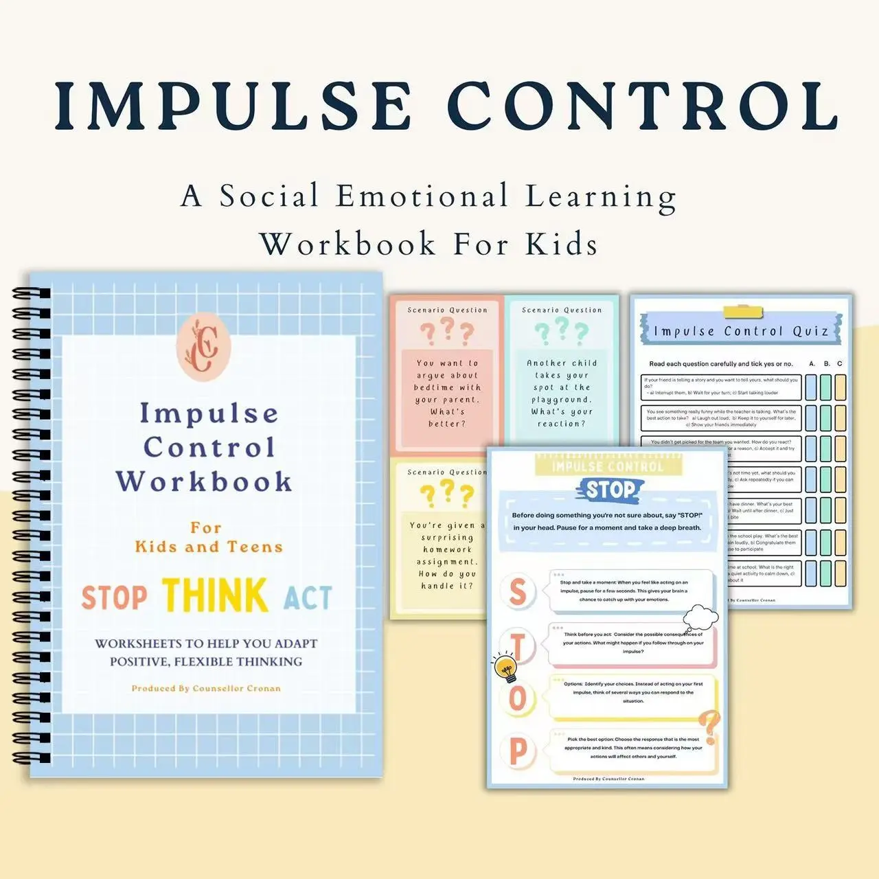 Impulse Control Workbook for Kids and Teens, Stop Think Act Emotion Management Notebook, Educational Tool for Emotional Development