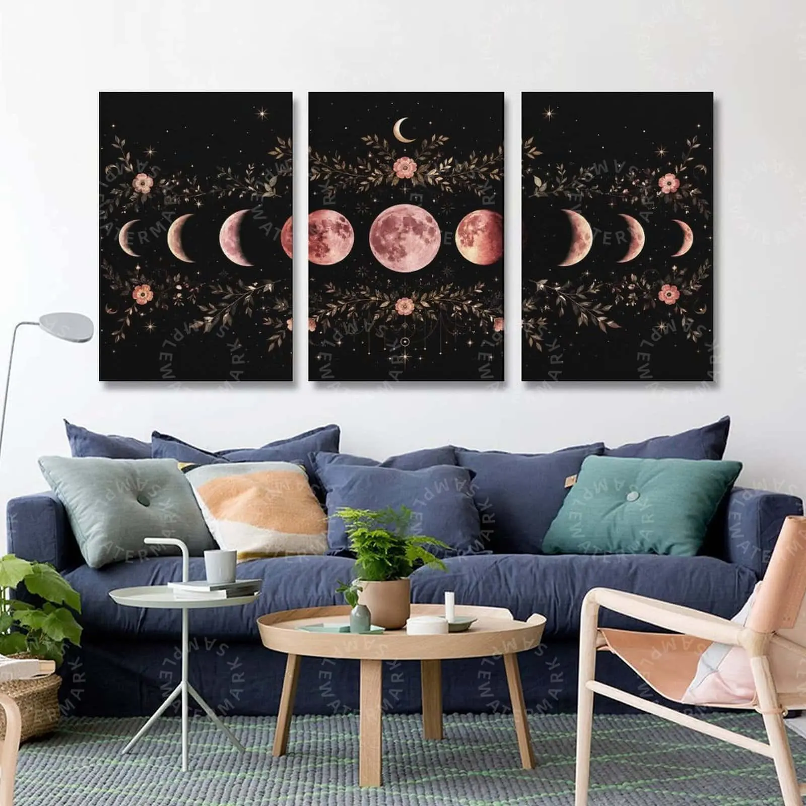 Mystical Moon Phase Floral Canvas Wall Art, Pink Lunar Cycle and Starry Night Triptych Poster, Celestial Aesthetic Poster, Boho Bedroom Wall Decor, Living Room Decor, Modern Home Art, Office Wall Art, Unique Gift