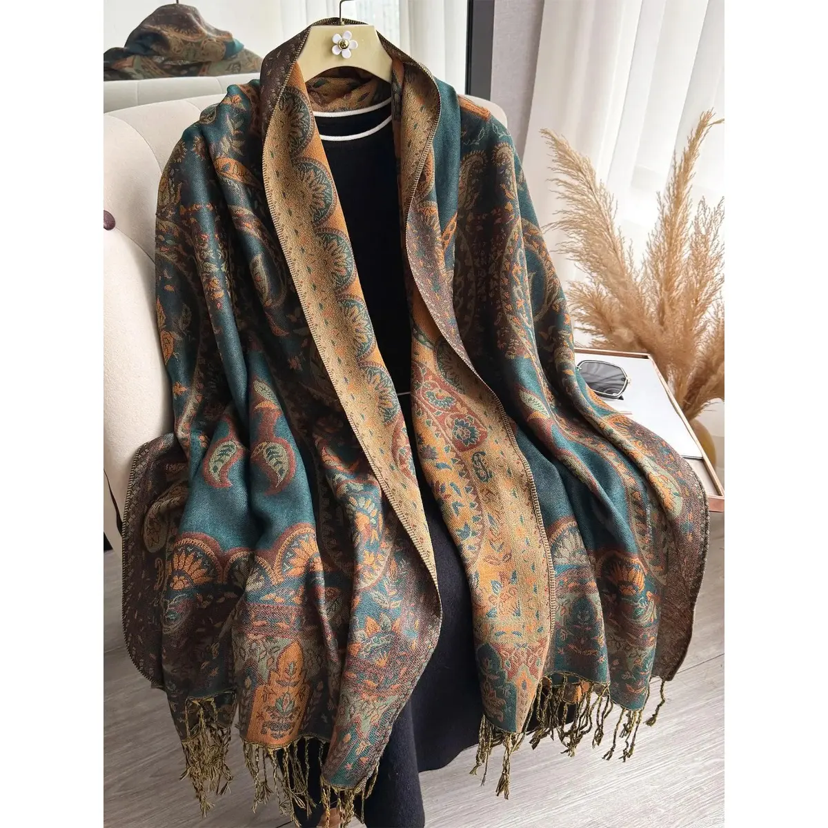 Boho Floral Print Scarf for Women, Soft Chiffon Shawl Wrap with Tassels, Elegant Lightweight Daily Wear Accessory, Tencel, Plain, Boho Daily Wear, Boho Flow Look